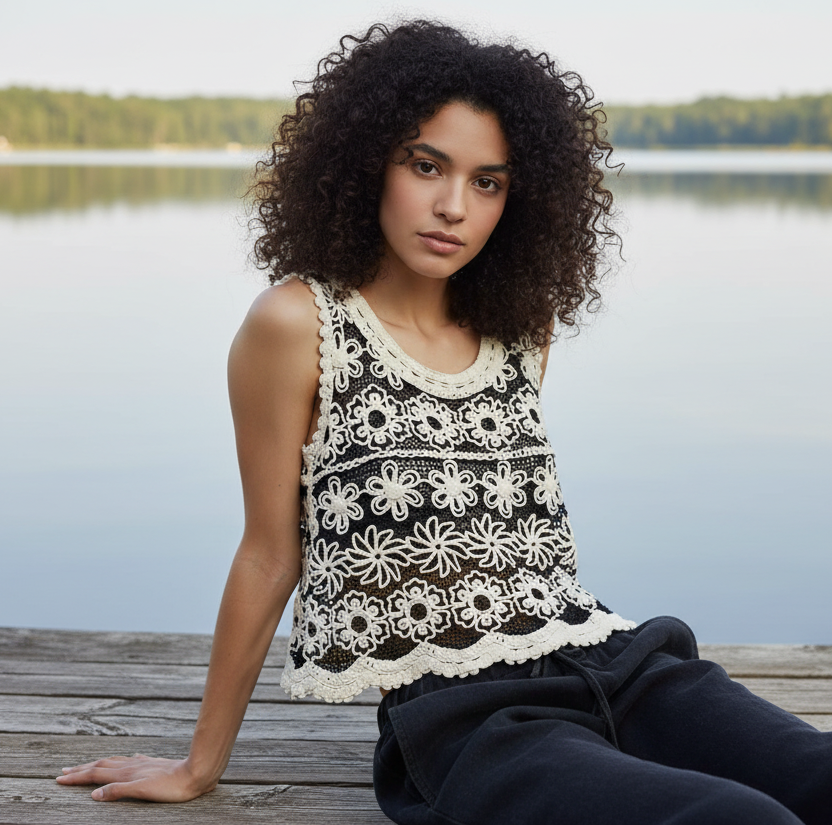 POL Crochet Openwork Floral Tank Top Round Neck Cropped Sleeveless Boho Shirt Cream Black