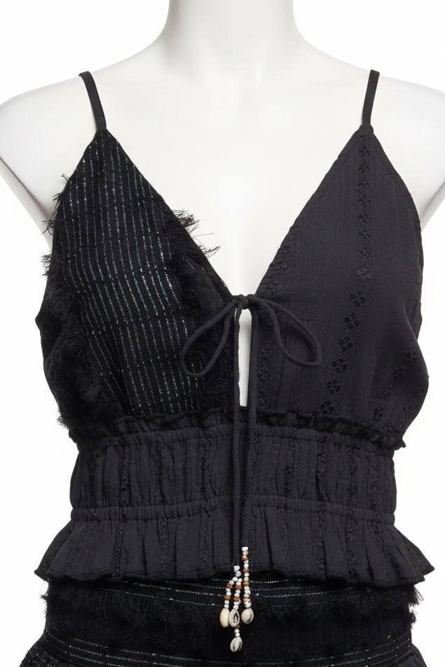POL Cotton Seashell Tassel Tie V-Neck Sleeveless Ruffle Hem Crop Cami