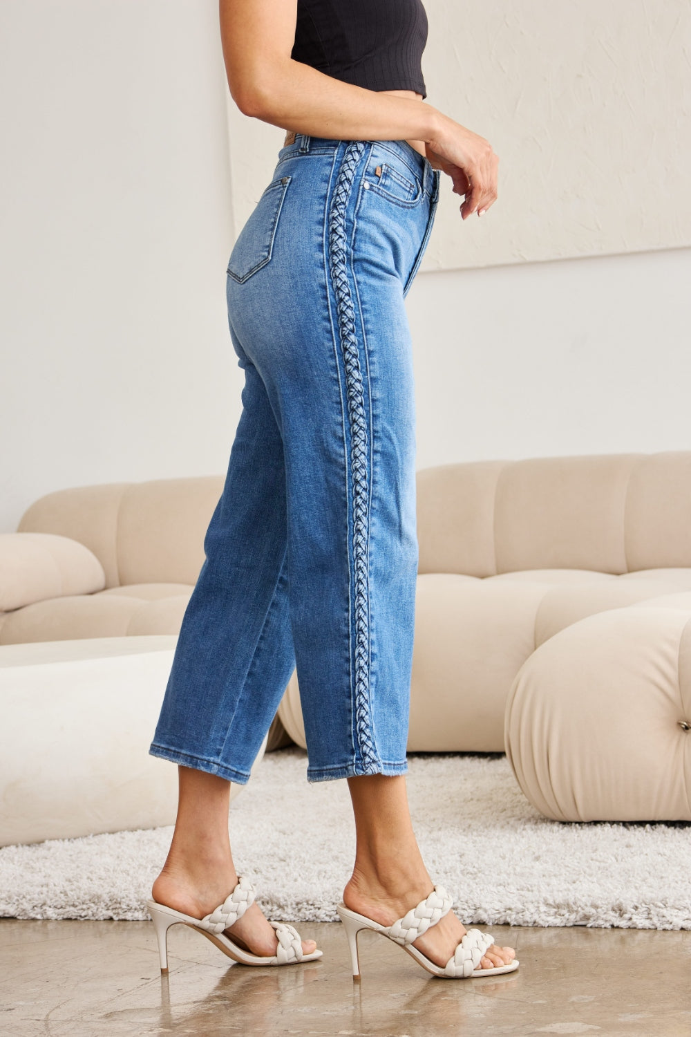 Braided High-Rise Wide Leg Cropped Hem Denim Jean Pants Judy Blue