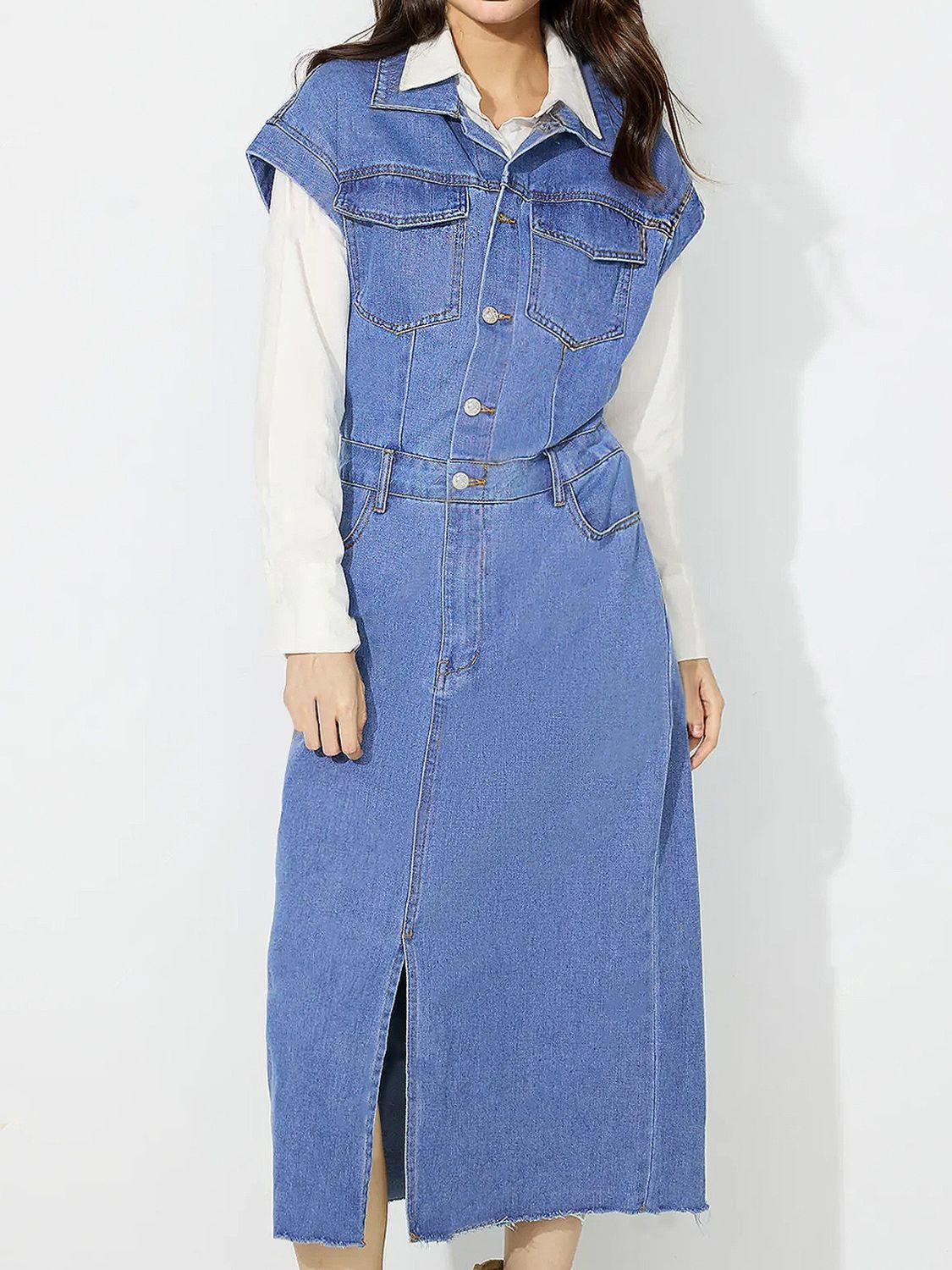 Denim Jacket Dress Pocket Chest Jean Collared Midi Half Button Slit Front