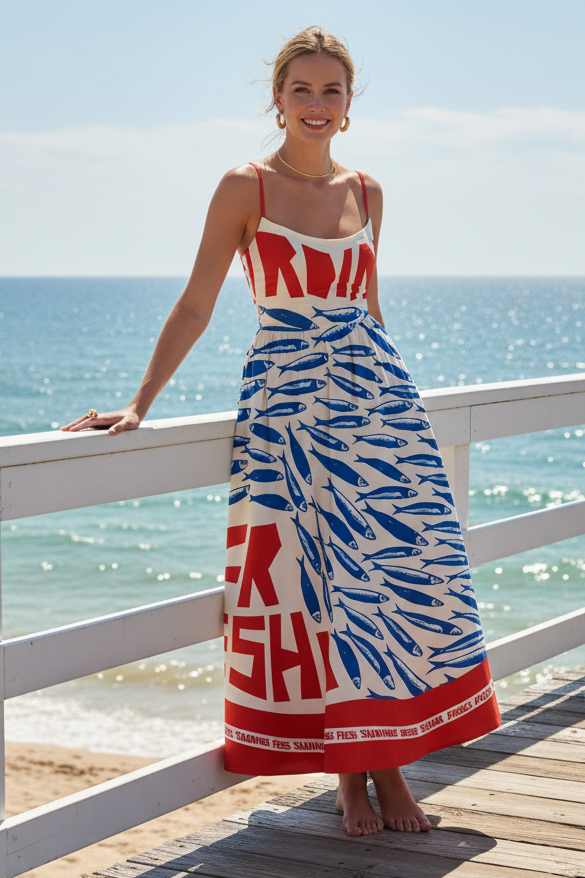 Mediterranean Sardine Fish Adjustable Spaghetti Strap Smocked Back Full Skirt Midi Dress