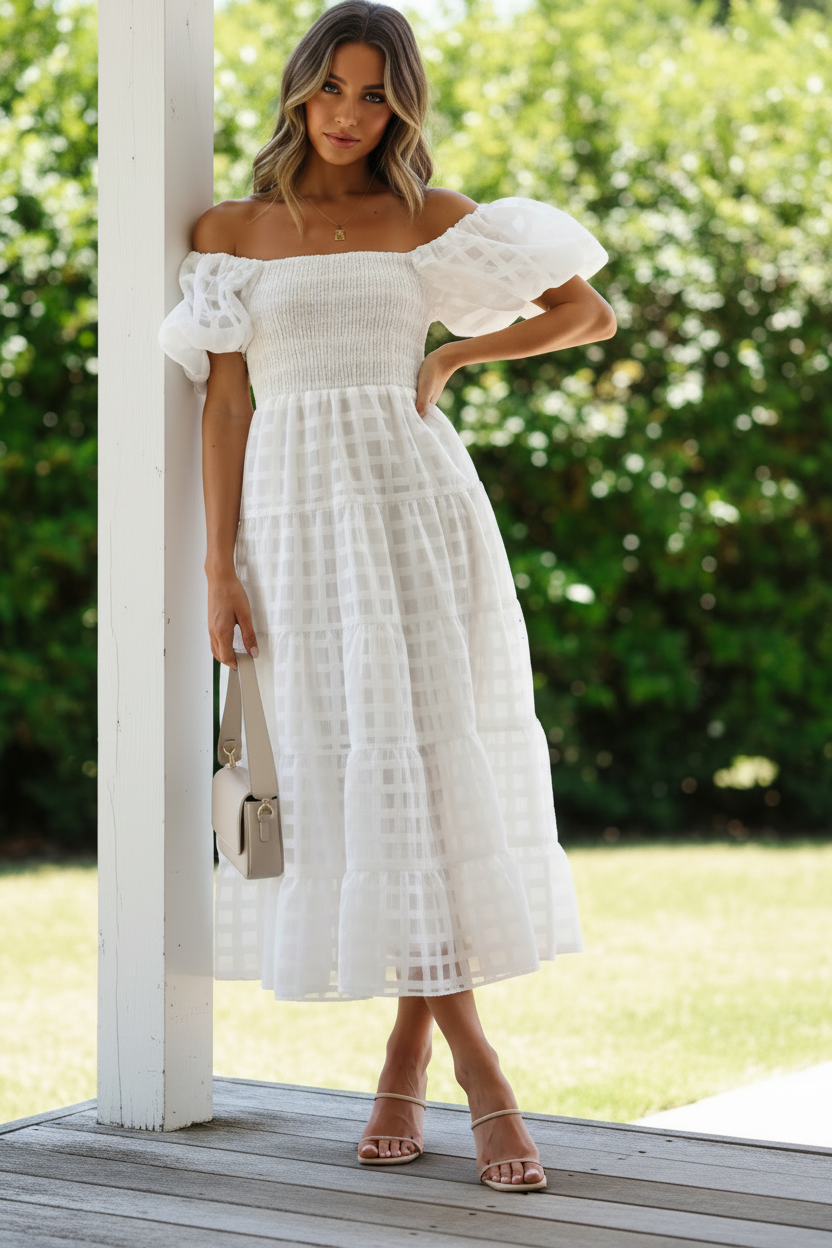 Off Shoulder Short Puff Sleeve Elastic Smocked Bodice Tiered A-line Midi Dress