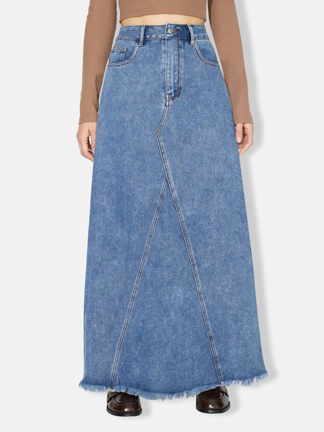 Retro Pocket High-Rise Waist Wide Panel Distressed Fringe Denim Blue Jean Maxi Skirt