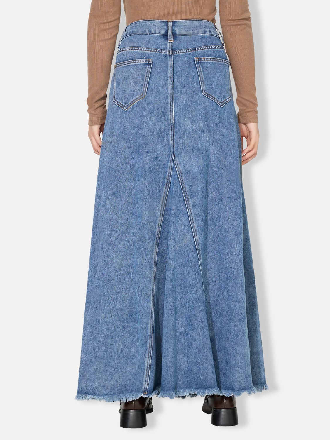 Retro Pocket High-Rise Waist Wide Panel Distressed Fringe Denim Blue Jean Maxi Skirt