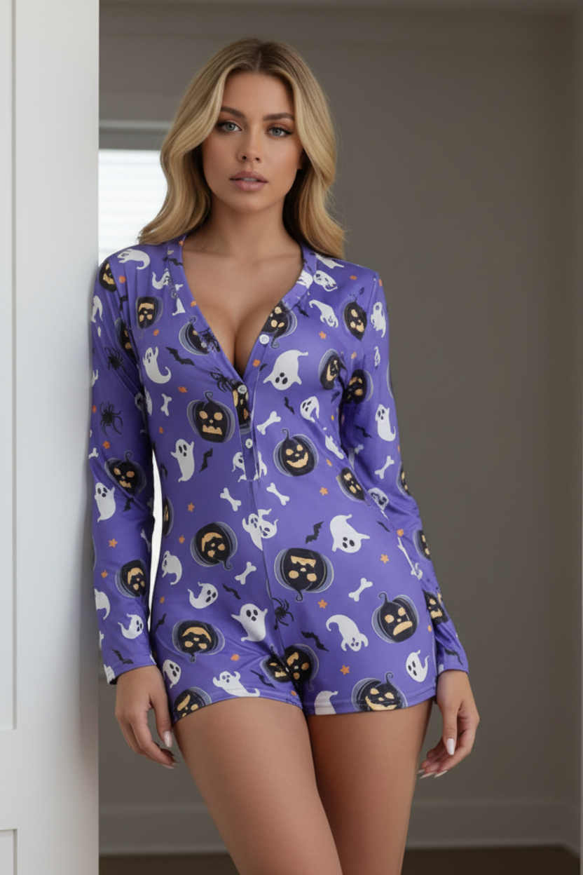 Pumpkin Ghost PJ Button-Front Long Sleeve Halloween Pajama Bodycon Romper