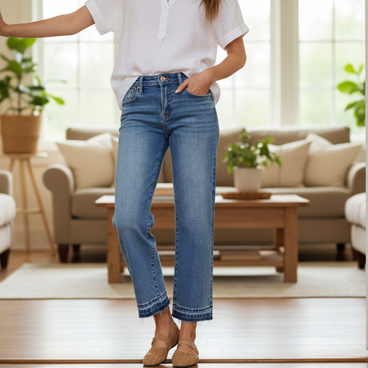 Risen Mid-Rise Frayed Waistband Slim Fit Retro Bootcut Jeans Raw Hem Denim Pants