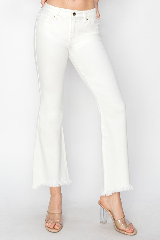 RISEN High-Rise Waist Skinny Fit Denim Pants Cropped Flare Step Hem White Jeans