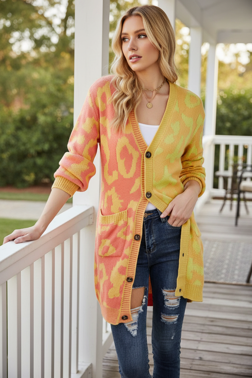 Colorblock Leopard Print Longline Button Front Long Sleeve Oversized Cardigan