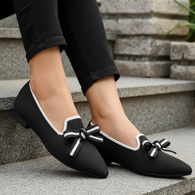Oversized Bow Pointed Toe Knit Ballet Flats Contrast Trim Casual Slip-On Shoes