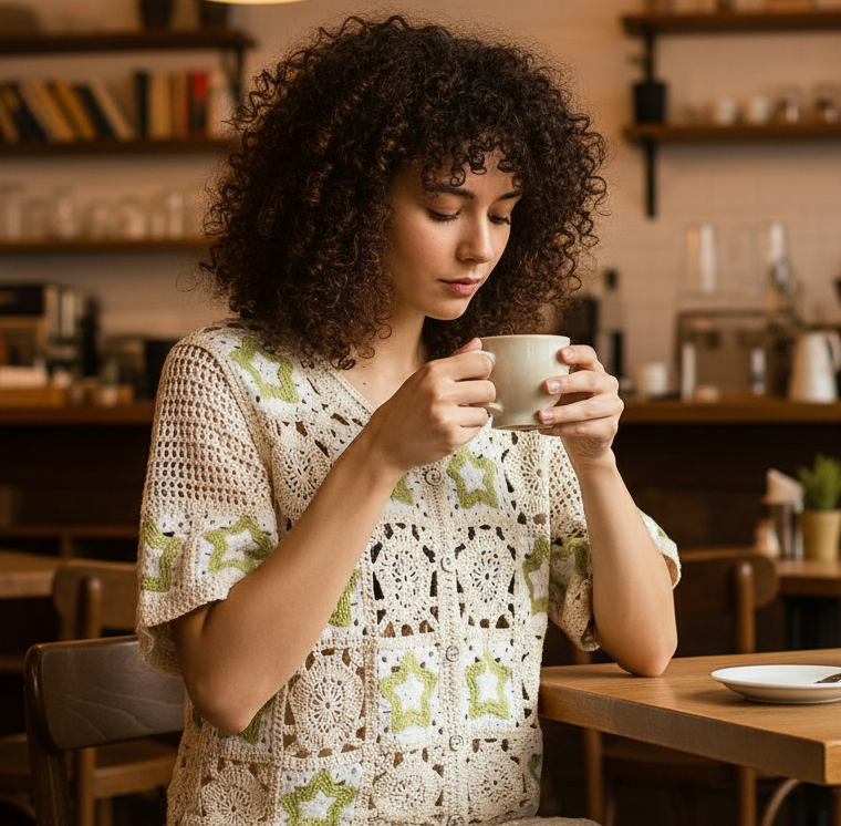 POL Granny Square Star Patchwork Crochet Top Button Up Shirt Retro Knit Cardigan Olive Green