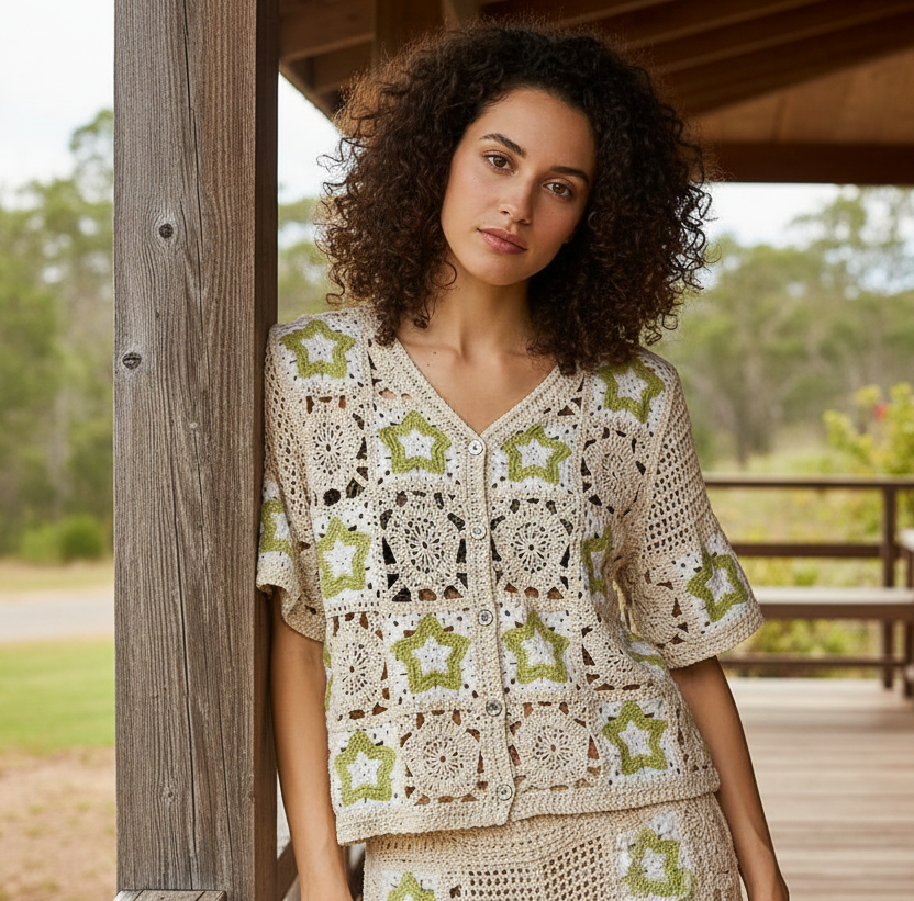 POL Granny Square Star Patchwork Crochet Top Button Up Shirt Retro Knit Cardigan Olive Green