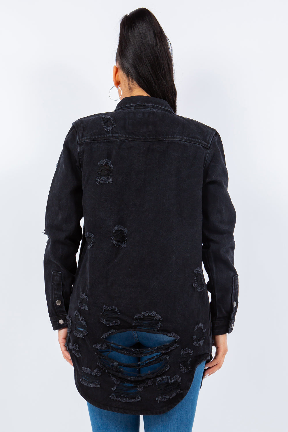 American Bazi Torn Distressed Hole Oversized Shacket Cotton Denim Jean Jacket