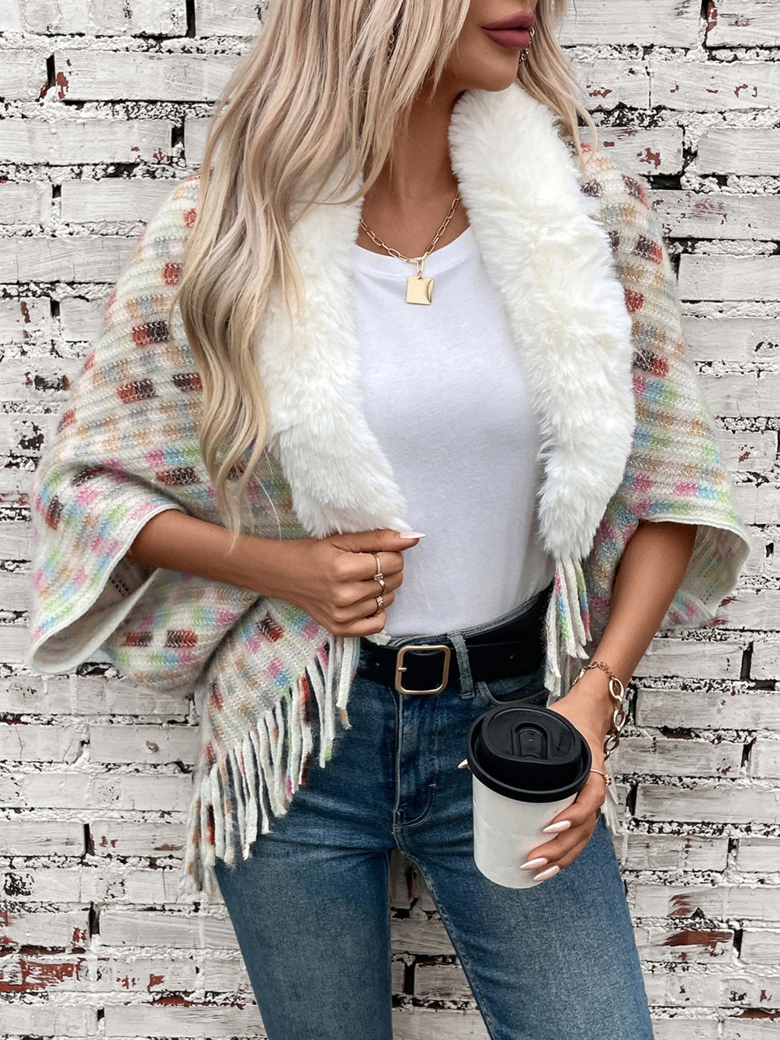 Plush Faux Fur Retro Fringe Hem Open Front Oversized Poncho Knit Cardigan