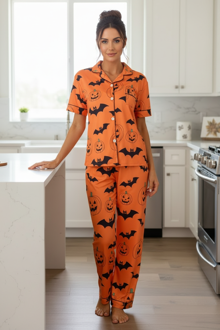 Spooky Pumpkin Bat Button-Down Short Sleeve Halloween Pajama Pants Loungewear Set