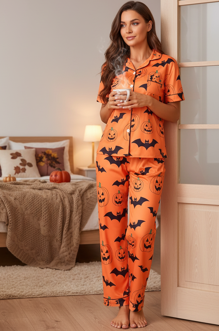 Spooky Pumpkin Bat Button-Down Short Sleeve Halloween Pajama Pants Loungewear Set