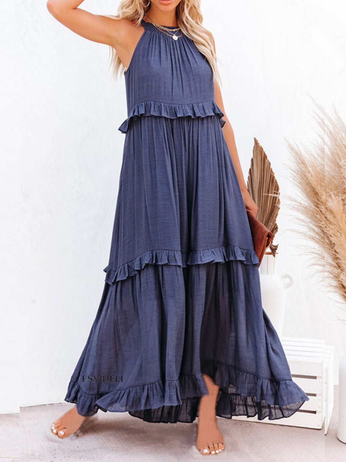 Ruffle Sleeveless Grecian Tie Back Tiered Summer Side Pocket Oversized High-Low Maxi Dress