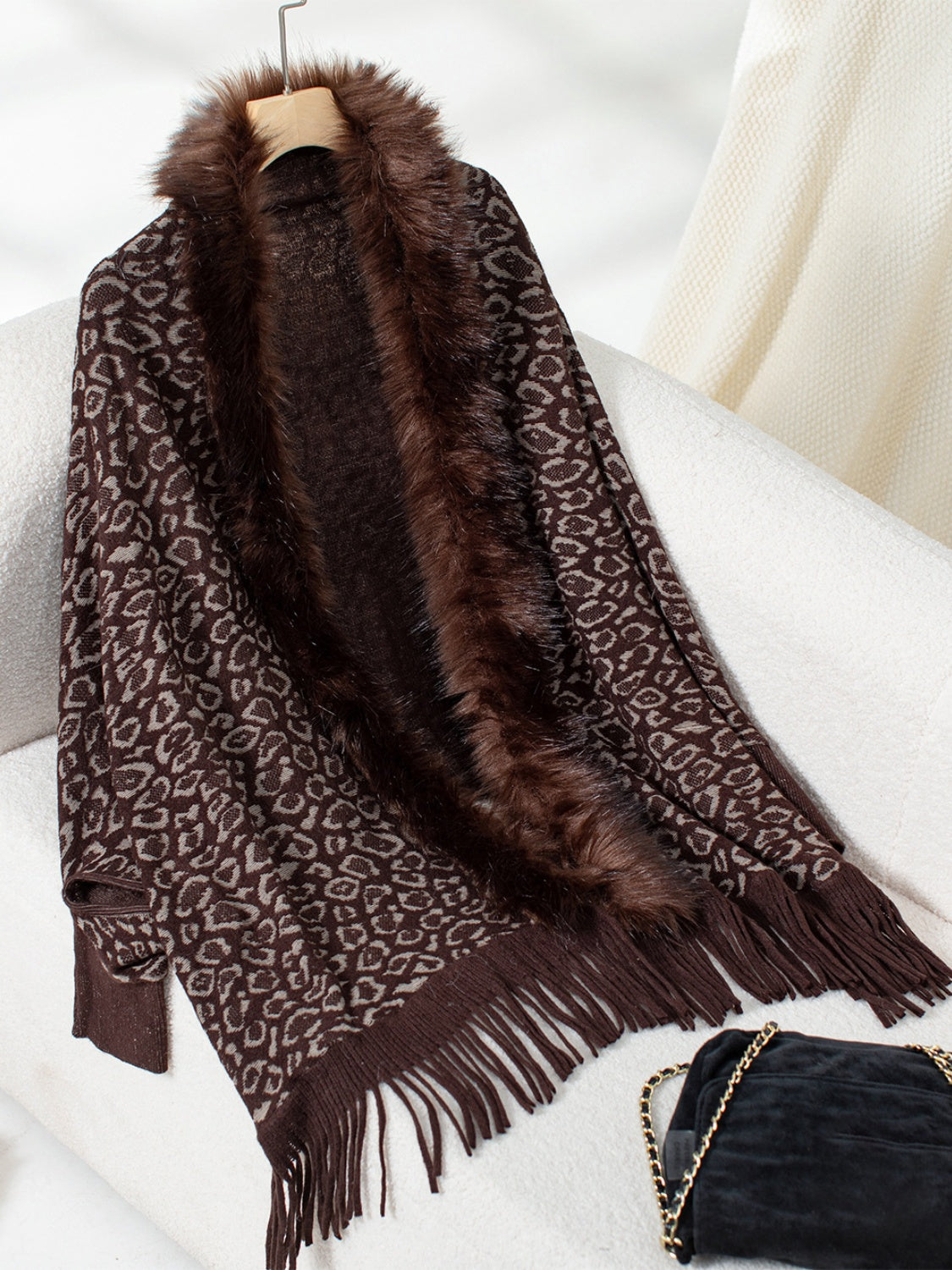 Plush Faux Fur Leopard Retro Fringe Oversized Poncho Knit Cardigan Jacket