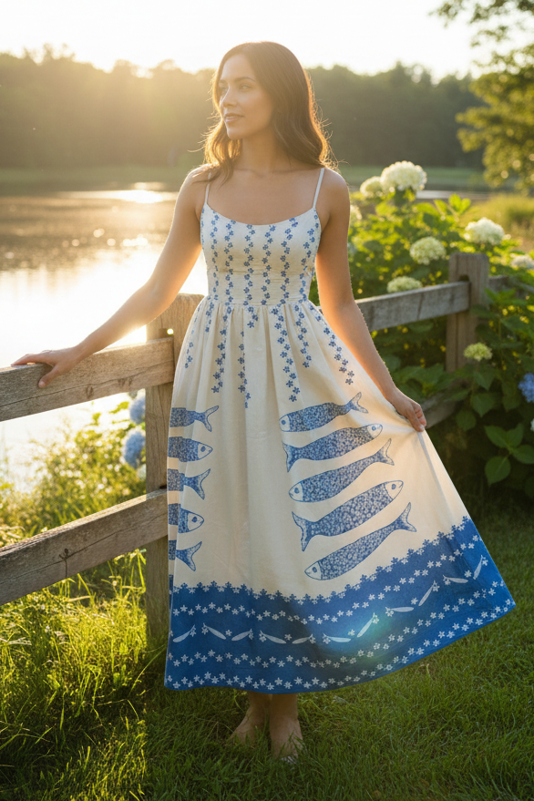 Mediterranean Sardine Fish Adjustable Spaghetti Strap Smocked Back Full Skirt Midi Dress