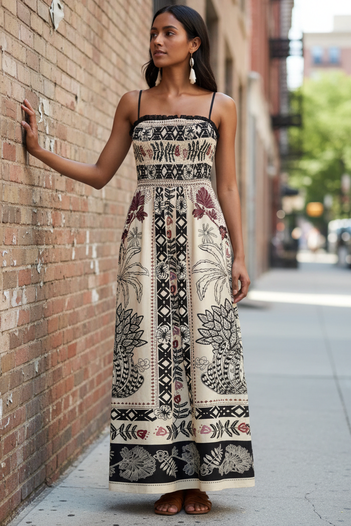 Abstract Floral Ruffle Square Neck Smocked Spaghetti Strap A-Line Maxi Dress