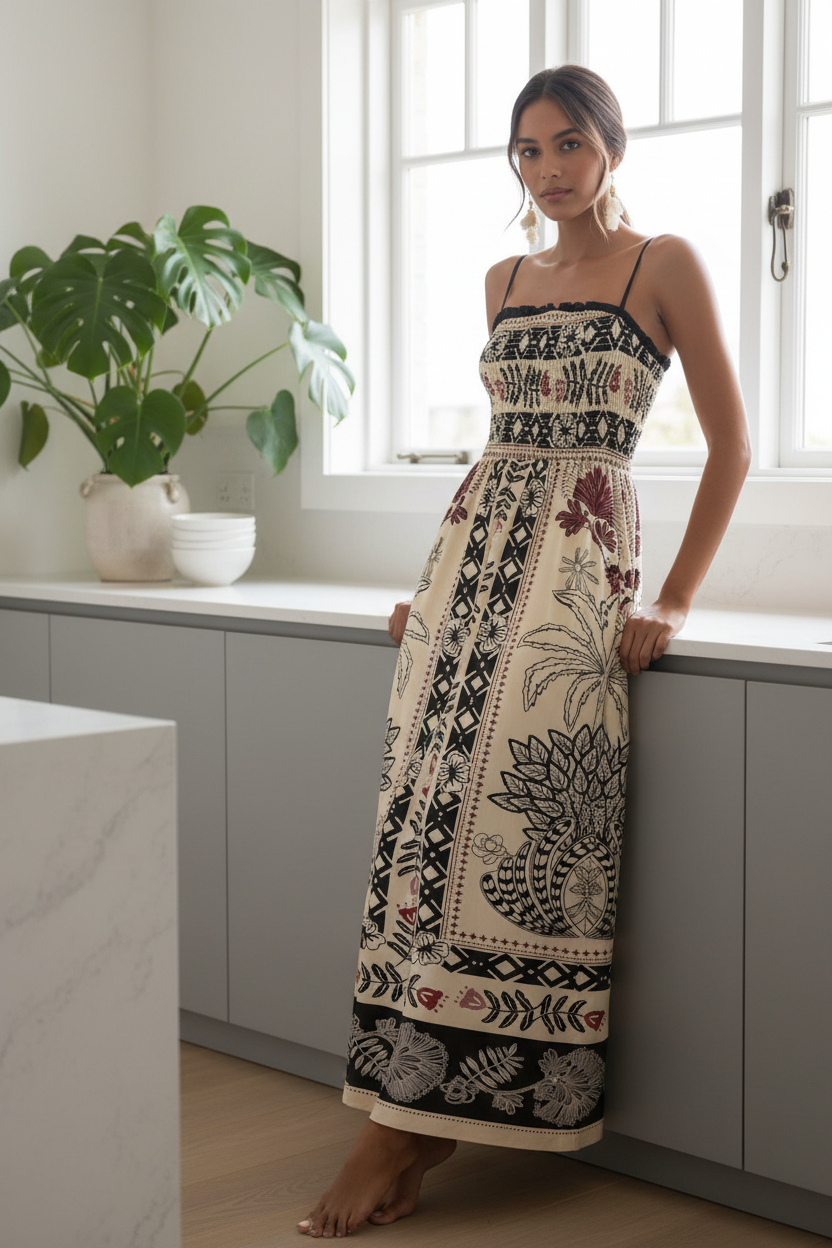 Abstract Floral Ruffle Square Neck Smocked Spaghetti Strap A-Line Maxi Dress