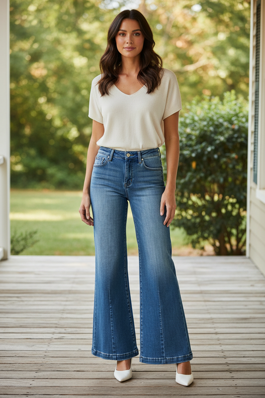 RISEN Mid-Rise Ultra Wide Flare Leg Vertical Seam Pants Slim Fit Denim Jeans Plus Size Available
