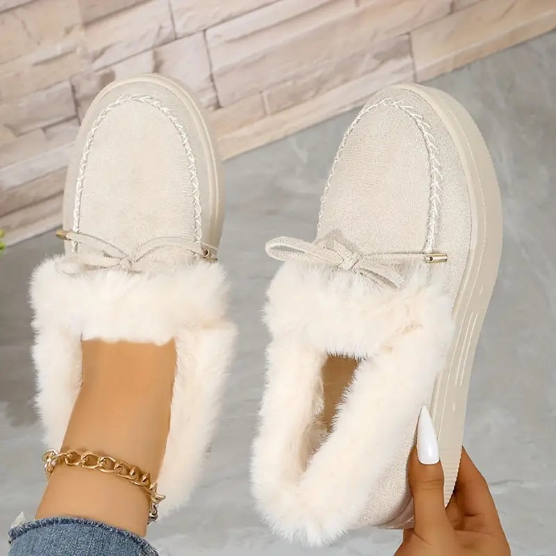 Bow Top Plush Faux Fur Loafers Slip-On Moccasin Soft Flat Outdoor House Shoes