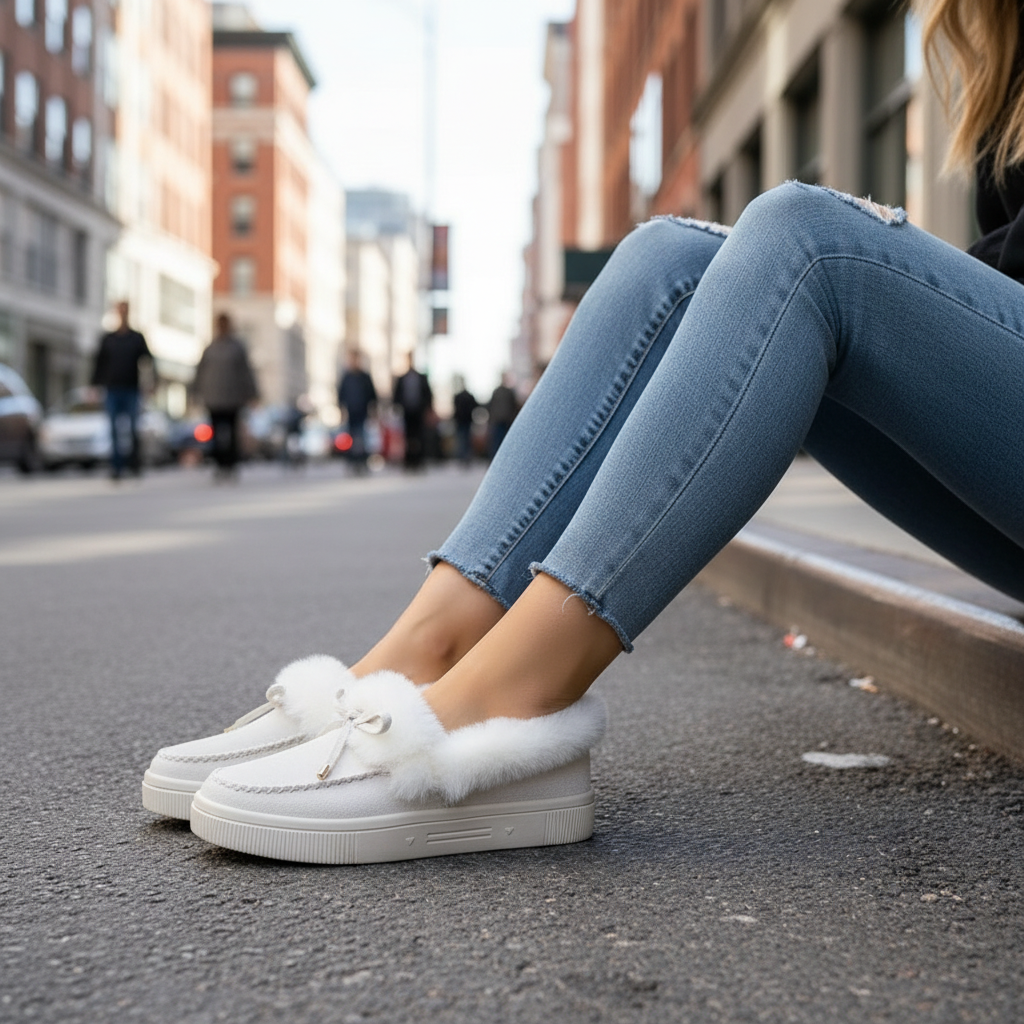 Bow Top Plush Faux Fur Loafers Slip-On Moccasin Soft Flat Outdoor House Shoes