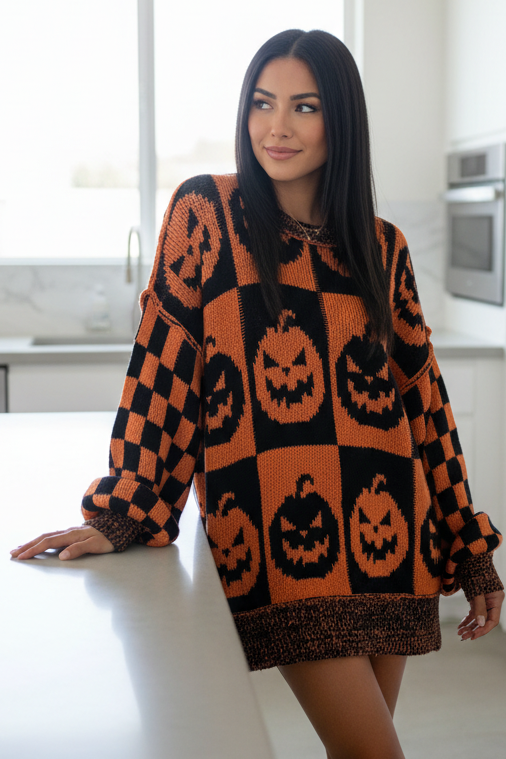 Jack-O'-Lantern Pumpkin Checkerboard Exposed Seam Oversized Halloween Knit Sweater