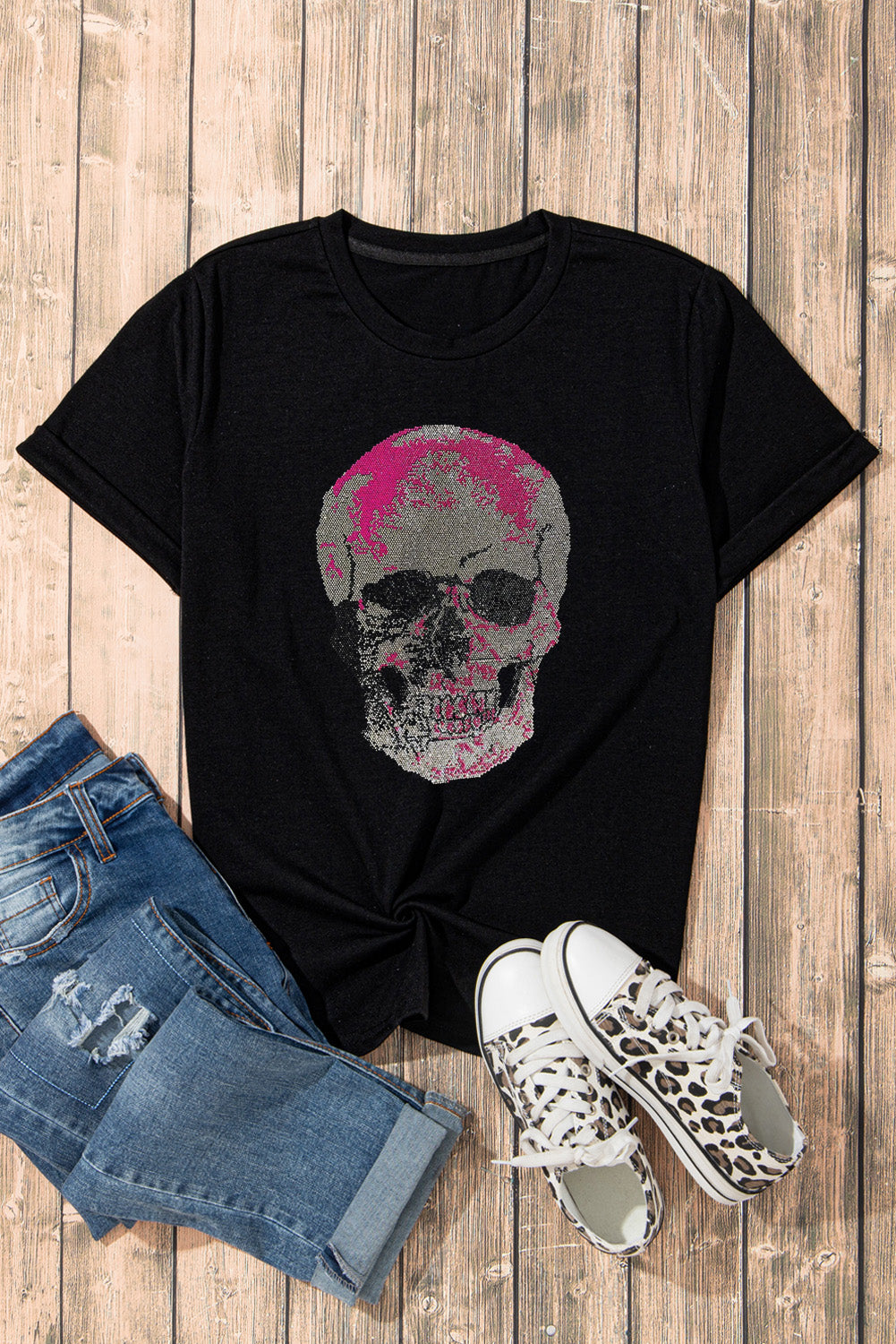 Rhinestone Skeleton Shirt Bling Sparkling Short Sleeve Tee Halloween Top