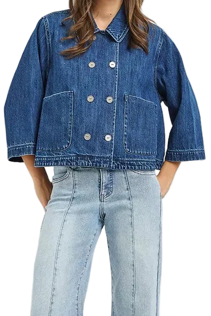 Risen Double-Breasted Cotton Boxy Boyfriend Fit Cropped Baggy Denim Jacket