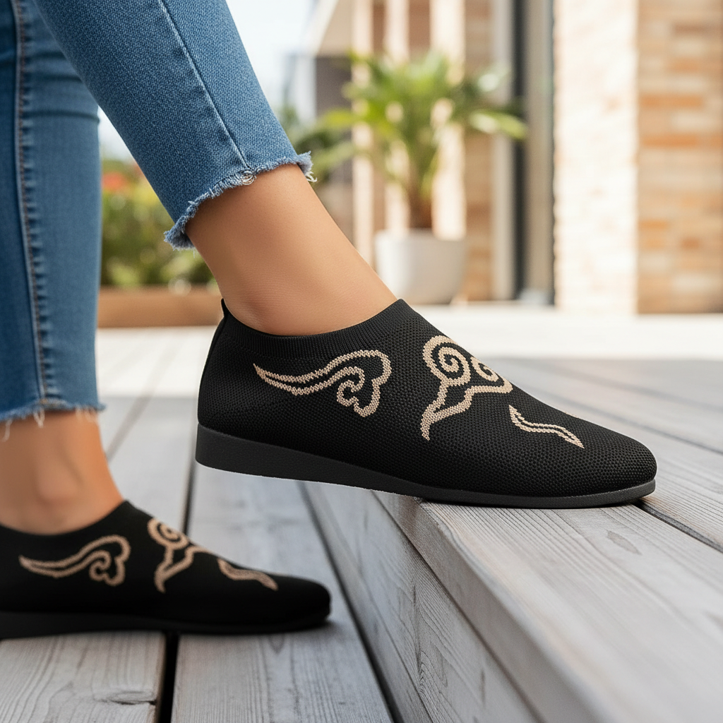 Grecian Scroll Swirl Knit Round Toe Ballet Flats Artsy Breathable Classy Slip-On Shoes