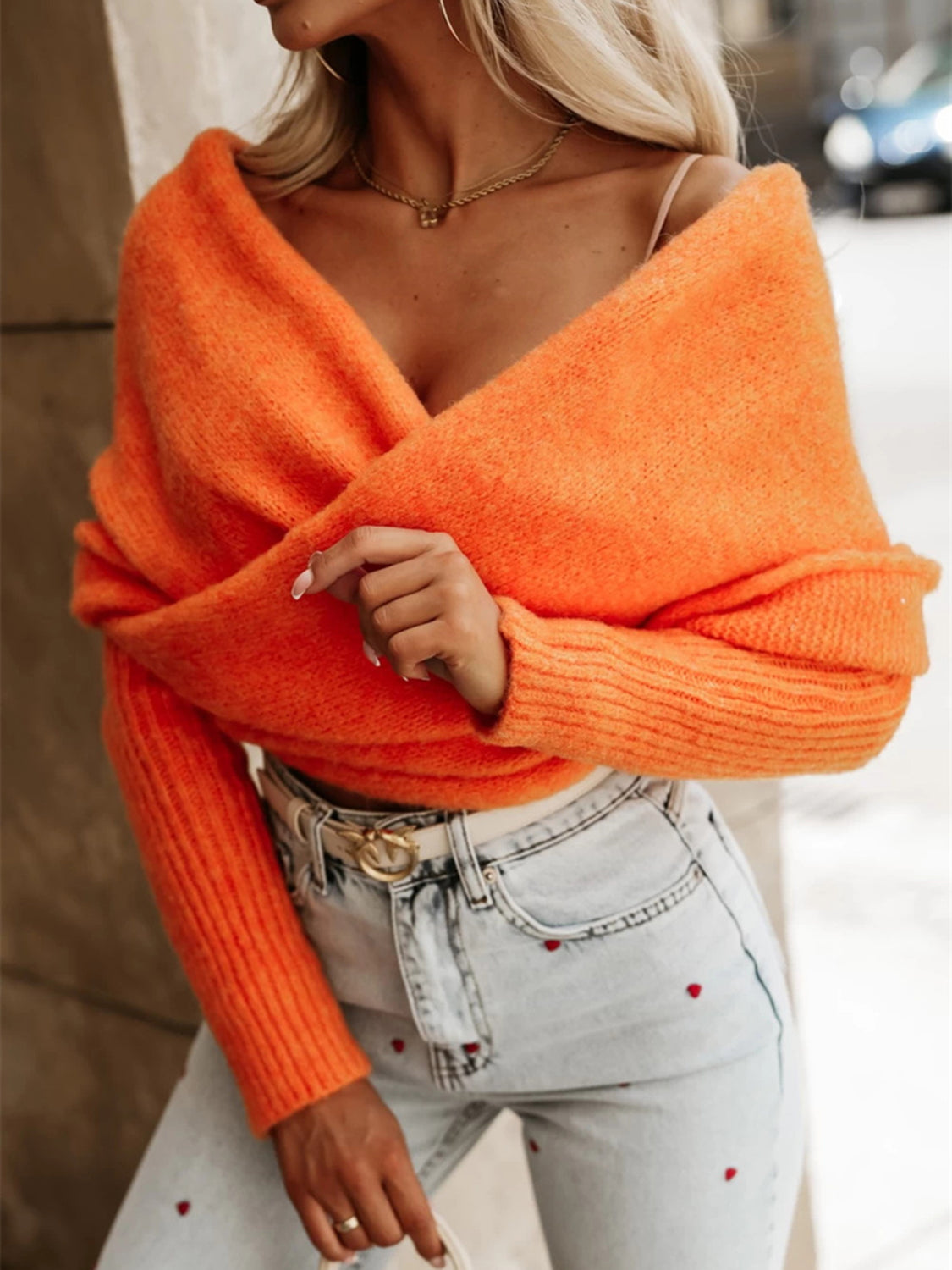 Twisted Knit Wrap Crop Top Bardot Off-shoulder Ribbed Long Sleeve Soft Sweater Shirt