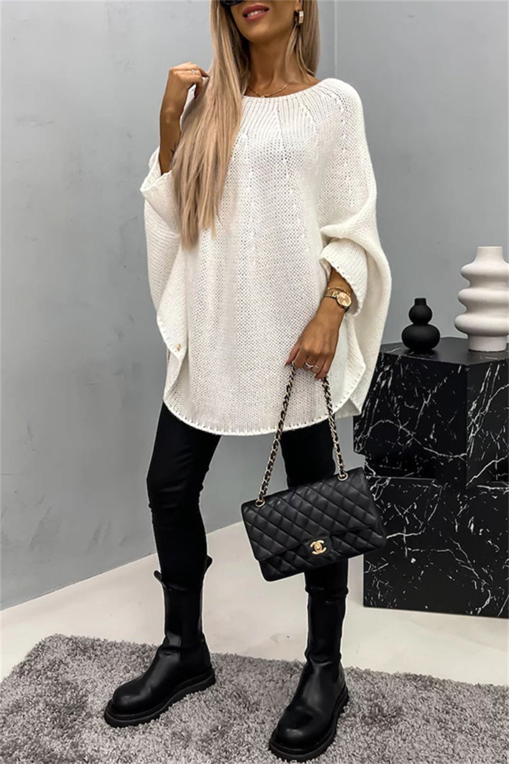 Oversized Knit Top Batwing Baggy Long Pullover Sweater Poncho Shirt Round Neck