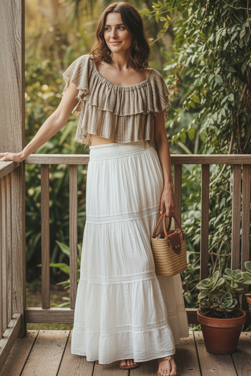 POL Cotton Off-Shoulder Raw Hem Tiered Ruffle Short Sleeve Crop Top Coastal Boho