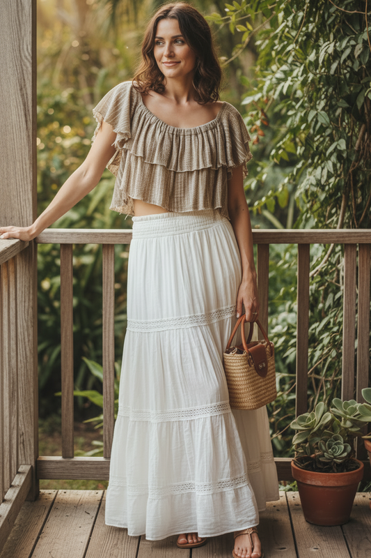POL Cotton Off-Shoulder Raw Hem Tiered Ruffle Short Sleeve Crop Top Coastal Boho