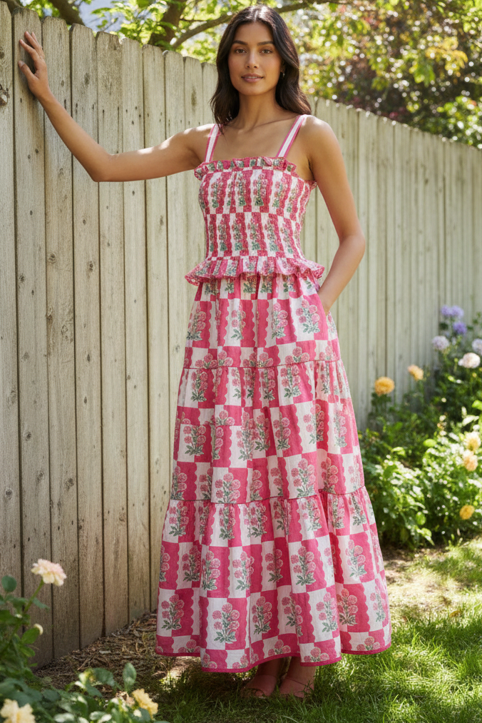 Retro Granny Floral Smocked Ruffle Frill Square Neck Tiered Side Pocket Maxi Dress