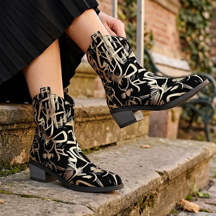 Faux Suede Western Cowboy Ankle Boots Abstract Graffiti Brush Block Heel