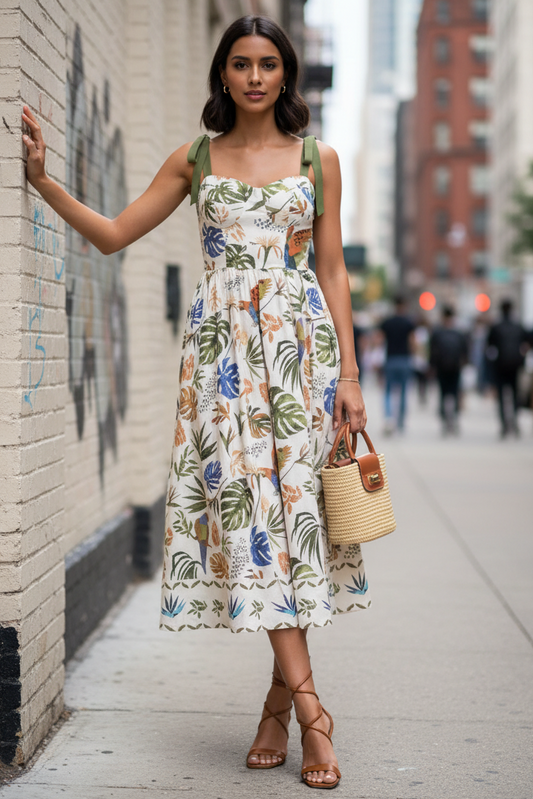 Tropical Parrot Botanical Bow Tie Shoulder Sweetheart Neck Smocked Back Midi Dress