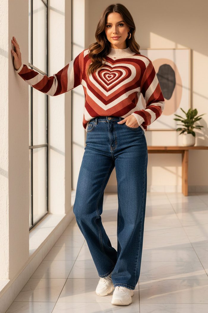 Retro Ripple Heart Mock Neck Long Sleeve Romantic Twee Top Knit Pullover Sweater