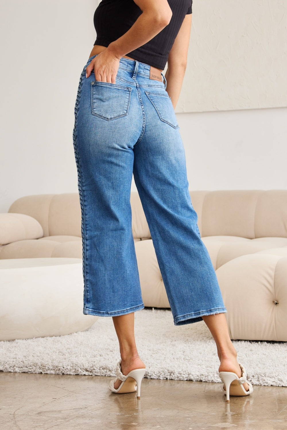 Braided High-Rise Wide Leg Cropped Hem Denim Jean Pants Judy Blue