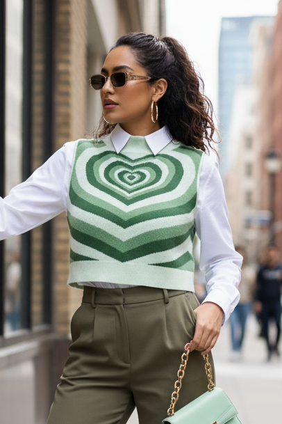Retro Ripple Heart Mock Neck Sleeveless Knit Pullover Top Cropped Sweater Vest