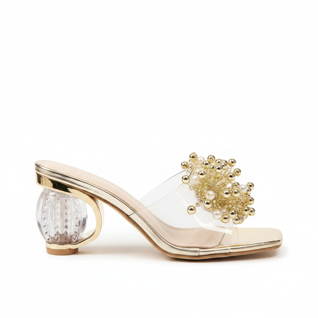 Extravagant Metallic Beaded Strap Square Open Toe Carved Clear Ball Heel Sandals