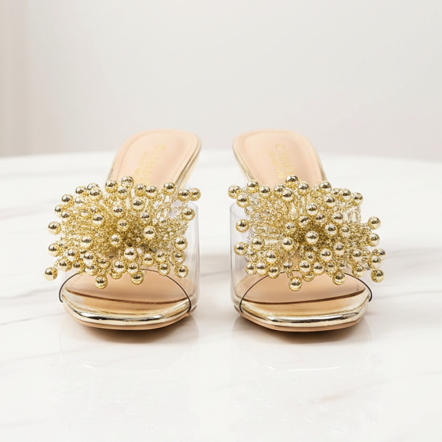 Extravagant Metallic Beaded Strap Square Open Toe Carved Clear Ball Heel Sandals