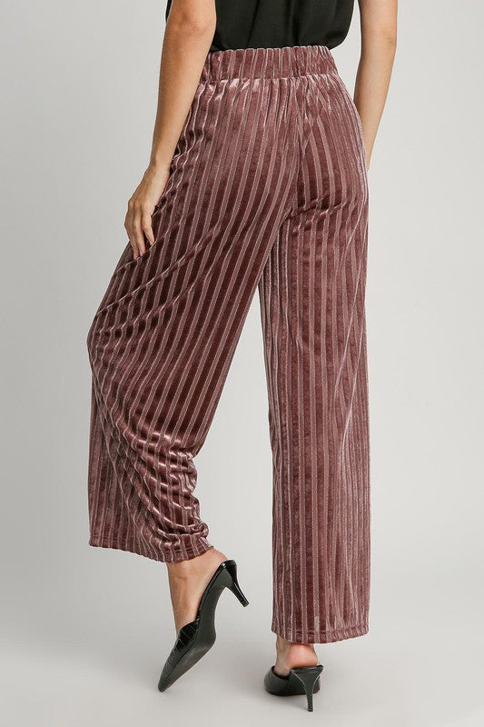 Umgee Velvet High-Rise Retro Pants Wide Leg Boho 70s Metallic Stripe Elastic Waist