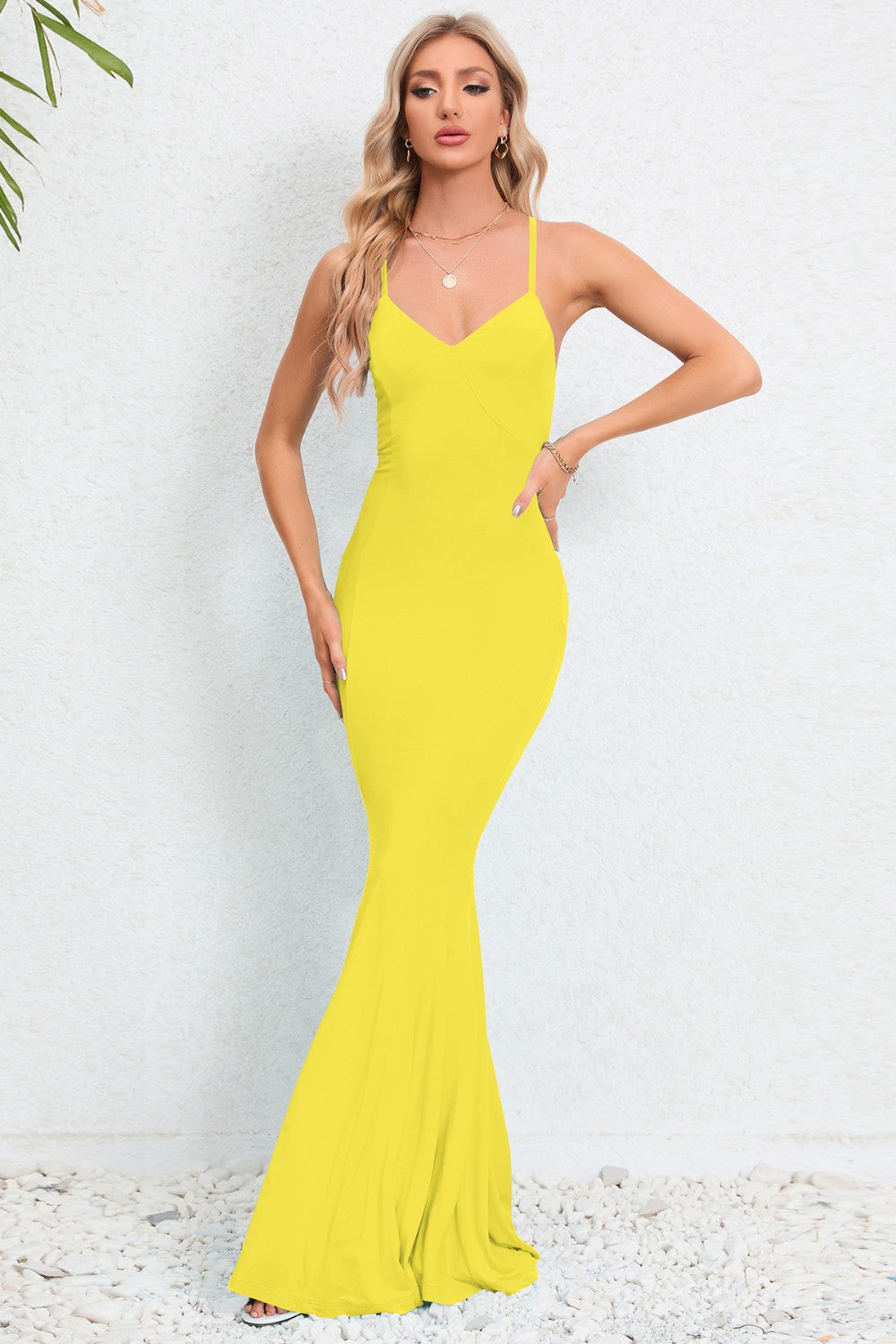 Elegant Spaghetti Open Cross Back Maxi Mermaid Fishtail Formal Long Party Dress