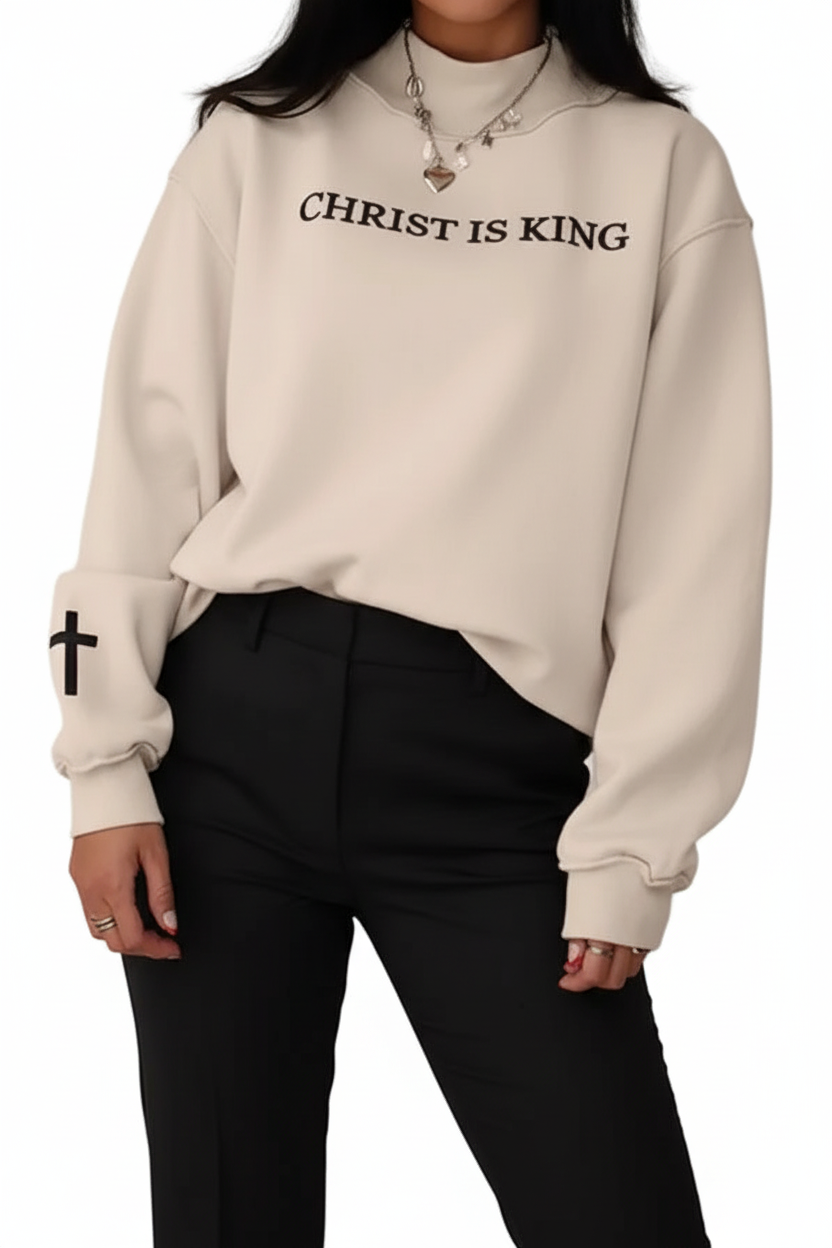 Christ Is King Embroidered Mock Neck Exposed Seam Baggy Top Jesus Oversized Sweatshirt