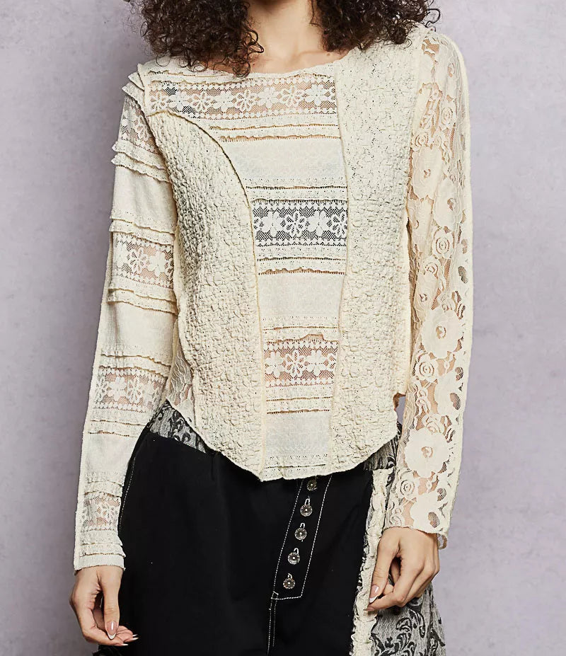 POL Lace Patchwork Top Round Neck Exposed Seam Shirt Long Sleeve Blouse Natural Cream