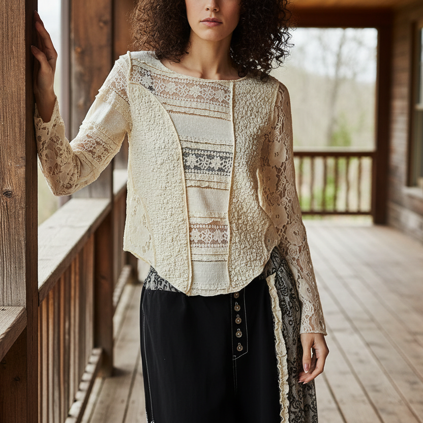 POL Lace Patchwork Top Round Neck Exposed Seam Shirt Long Sleeve Blouse Natural Cream