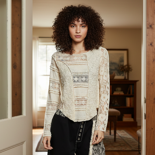 POL Lace Patchwork Top Round Neck Exposed Seam Shirt Long Sleeve Blouse Natural Cream