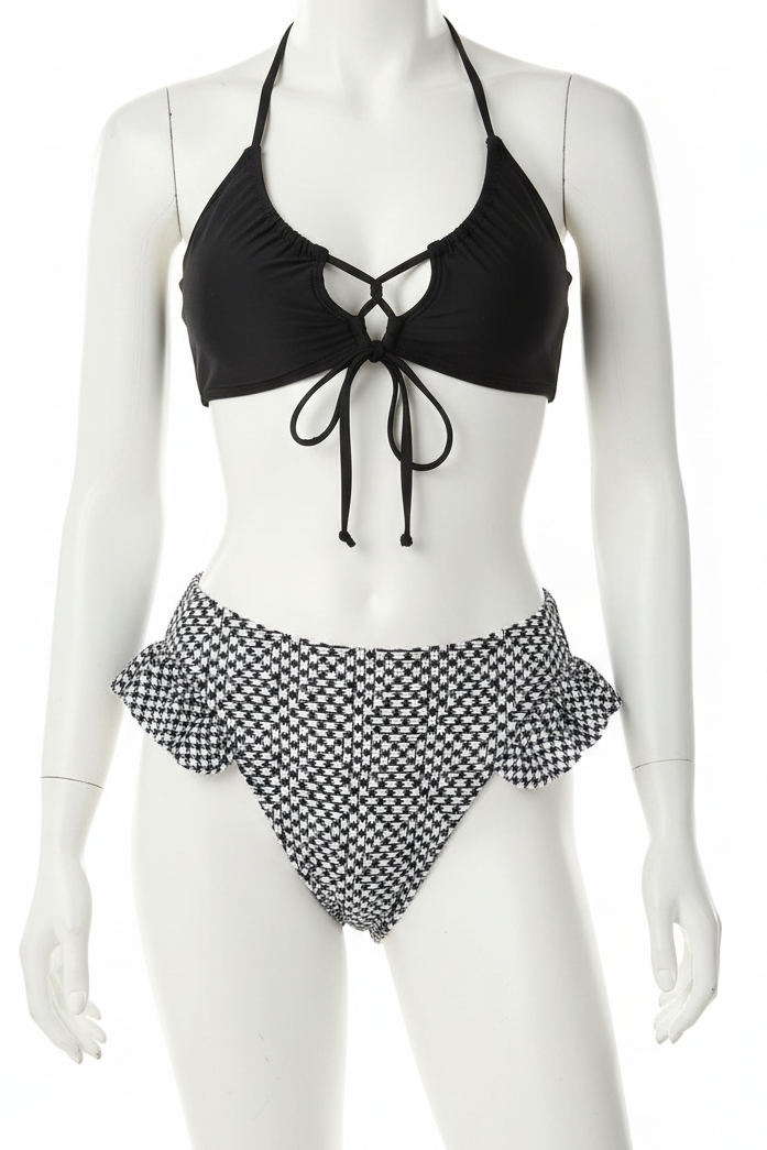 Twisted Tie Halter Top High-Rise Retro Flounce Ruffle Hip Houndstooth High-Cut Bottom Bikini Set